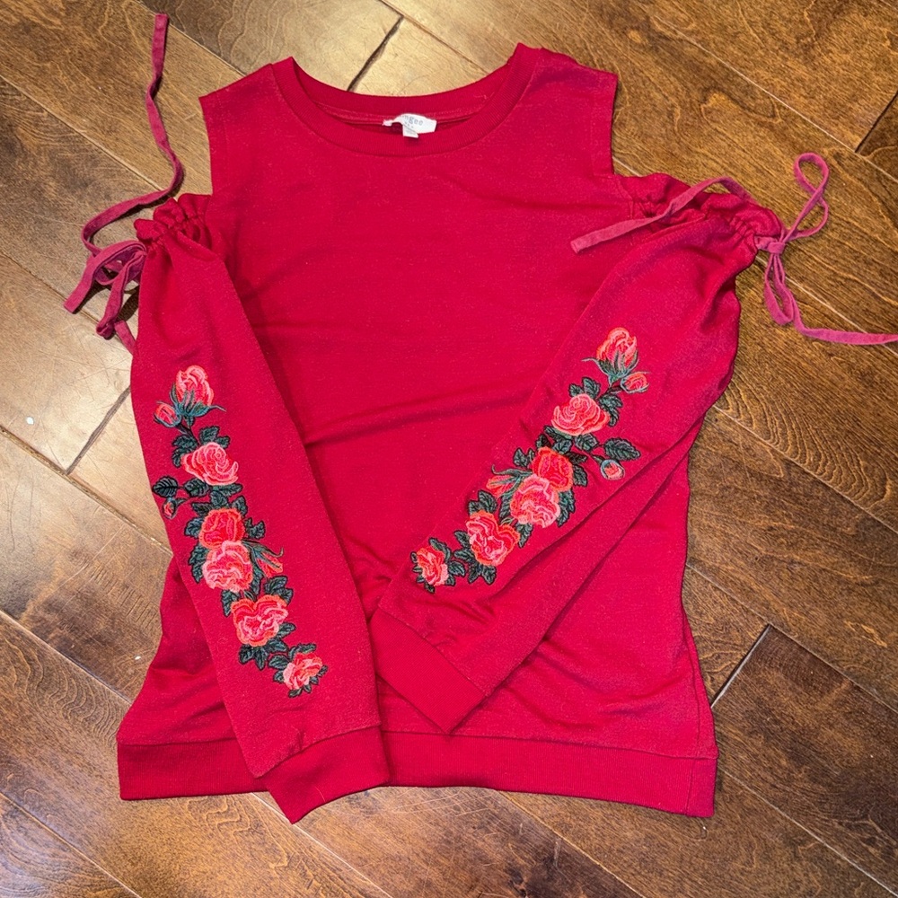 Umgee Red Floral Embroidered Cold Shoulder Sweatshirt
